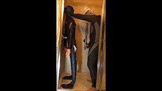 with Halloween makeup wetsuited guy fucks frogman dummy in hotel shower