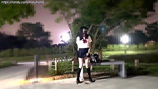 Hakumi wear school uniform sailor insert dildo in public!