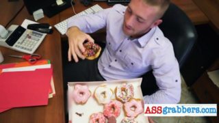 Boss pranks his horny assistant with some sexy donuts with his big dick on it!