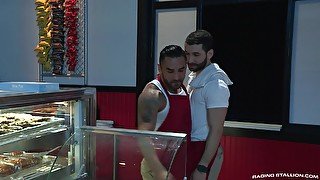 Gay restaurant workers ride each other on the table after work