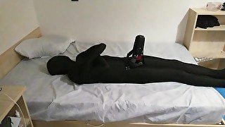 Zentai and milking machine, post orgasm