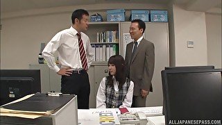 Guys in suits fuck this shy looking Japanese office girl in hardcore modes