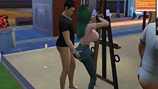 The Sims 4:6 people having intense sex on an easel