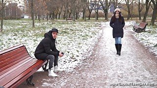 Long haired brunette Russian teen Bell Knock gets a mouth full of cum