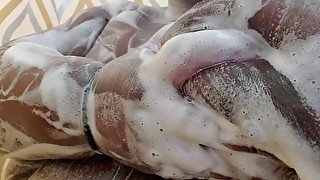 BBW plays with soapy big tits