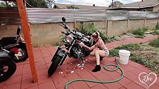 Blonde Biker Babe Washes Motorcycle and Masturbates and Revs to Shaking Orgasm