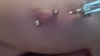 Pricking my pierced tits with kinky painful pinwheel all over my sensitive nipple piercings