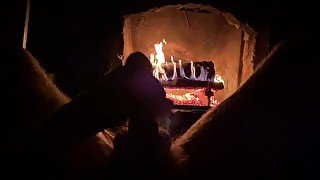 Fuzzy Ginger Roasting by an Open Fire, Cums in the middle of 10 bros