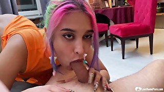 Hot amateur chick with colorful hair giving a great blowjob