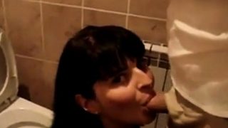 Wife swallow cum in the restaurant toilet.