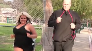 Busty blonde bbw burns calories on a big cock doggy style