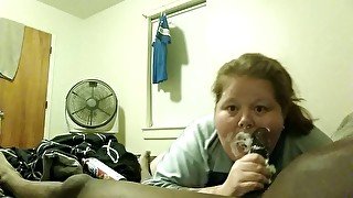 Fat girl gets messy with whip cream and a chocolate dick