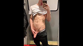 Twink jerk in fitting room and cum on the mirror