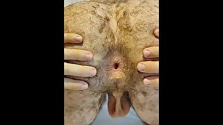 hairy muscle boy show asshole open wide