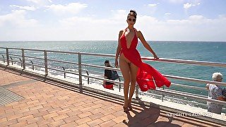 Naughty exhibitionist MILF - Red Dress on Public Beach