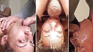 Tiny skinny slut enjoys a rough sloppy upside-down throatfuck on a table