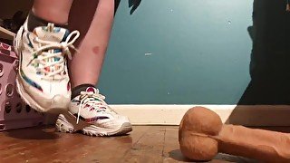 (BLOOPER!) Cruel Teen Girl in Sneakers Tortures A Poor Cock With Her FEET!