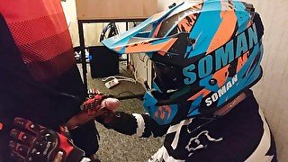 Motocross guy jerks off after sex to his partner