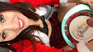 Incredibly hot tight pussy horny brunette babe Miss Santa gives a slow edging handjob for Christmas