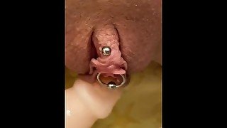 Fast masturbation after shower wearing big ring in my pierced clit