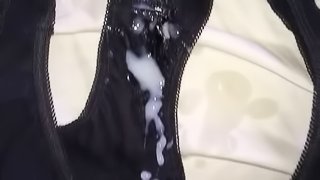 Jerk off my hard cock on my GF wet panties