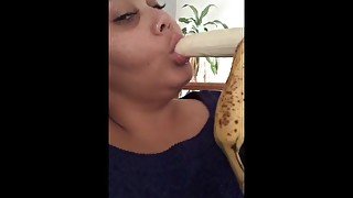 Banana deep throat while at work