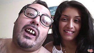 Fat man with glasses is fucking a fresh, teen 18+ brunette and ejaculating all over her face