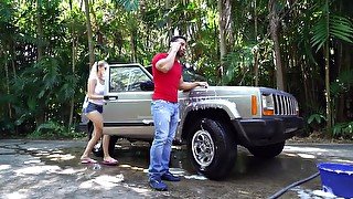 Filthy blonde fucks a car wash man and gets facialized