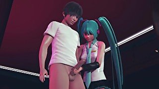 Miku jerks off cock to guest in public