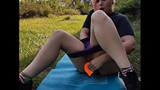 Chubby Alt Girl Fucks Herself with Dragon Dildo on Yoga Mat Outside - MEGA SQUIRT