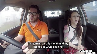 Tattooed medium tits babe fucked in car by instructor