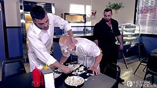 Gay threesome with cumshots in the kitchen with horny cooks