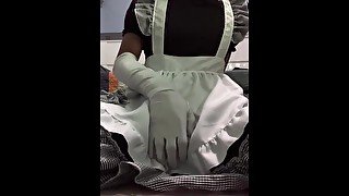 Femboy in maid dress strokes his cock