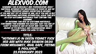 Hotkinkyjo in green fishnet fuck huge dragon dildo from mrhankey, anal gape, fisting & prolapse