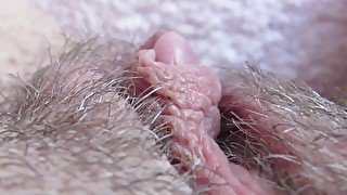 Extreme close up on my big clit hairy pussy