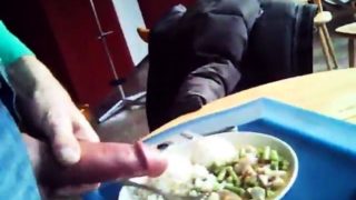 Kinky guy savors the taste of his hot cum with his lunch