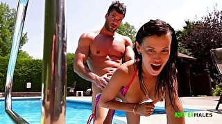 Smoking hot French couple Amy and big dick muscled Jack have a hot outdoor fuck by the pool