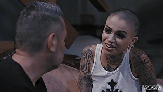 Bald Leigh Raven with tattoos fucked in all holes by her man