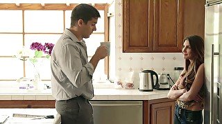 Teen slut rides stepdad's cock in the kitchen