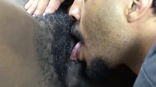 Fat black bitch with a thick bush gets eaten out and fucked hard