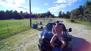 Playing with cock on truck hood