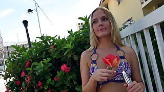 After walk lovely blonde returns home to play with sex toys