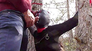 Outdoor sex in the wood. Wearing sexy clothes and high heels, bound, throated and fucked