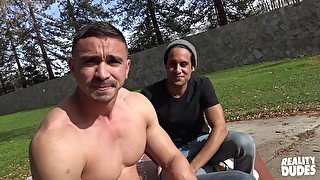 Latino gay blindfolded and surprised with a big dick outdoors