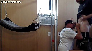 Gloryhole amateur DILF banged in sling after cocksucking