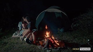 American schoolgirl has romantic sex by the night fire