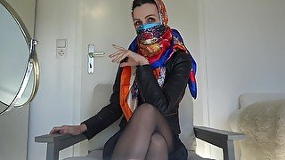 Satin scarf mask, headscarf and leather jacket