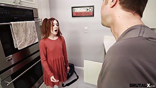 Small tits redhead Madi Collins drops on her knees to give a BJ before sex