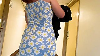 Sun dress Redhead gets a mouthful of dick while husban is away