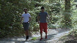 Latino gay couple take a walk outdoors and pound each other hard after